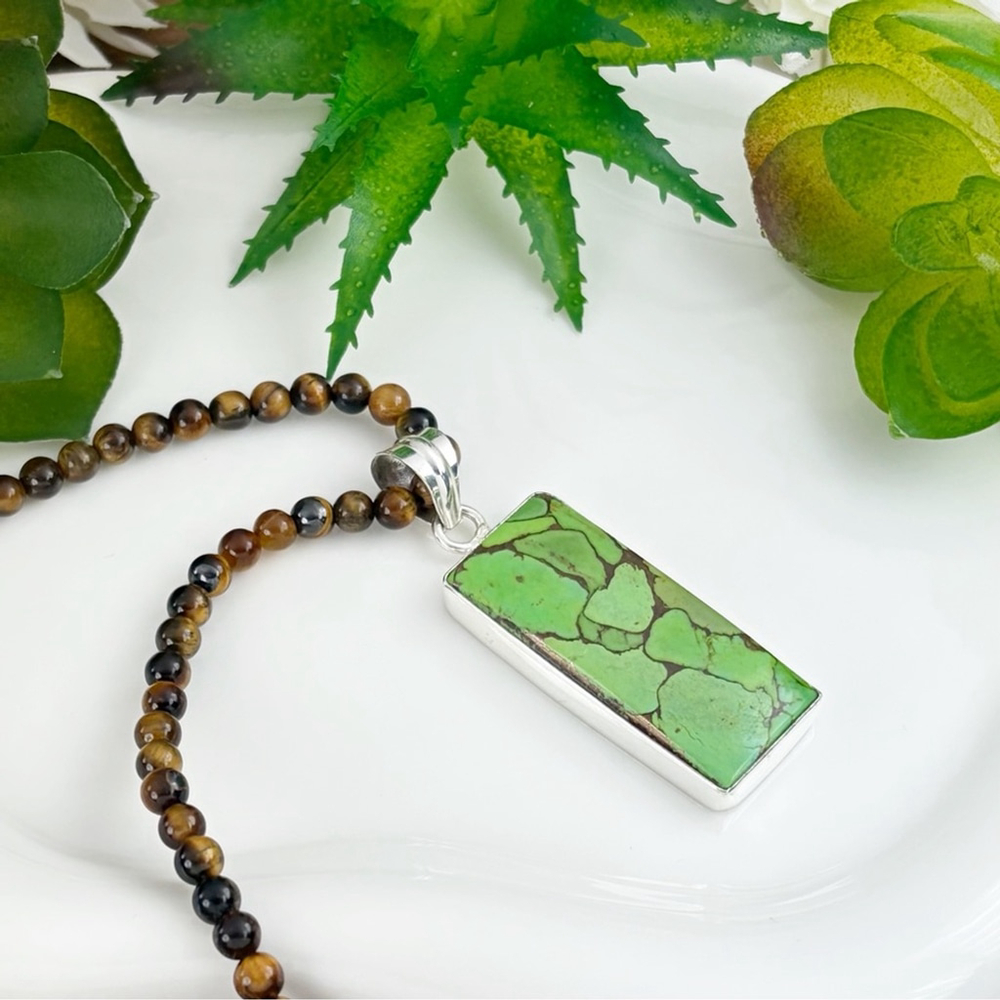 Boho Southwest Genuine Green Copper Turquoise Pendant Necklace Handmade New 925 - Picture 3 of 7